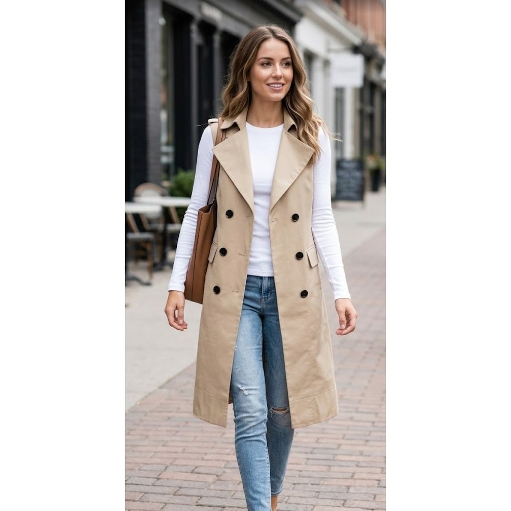 Zara Cotton Longline Double Breasted Trench Vest Tan Sleeveless Coat